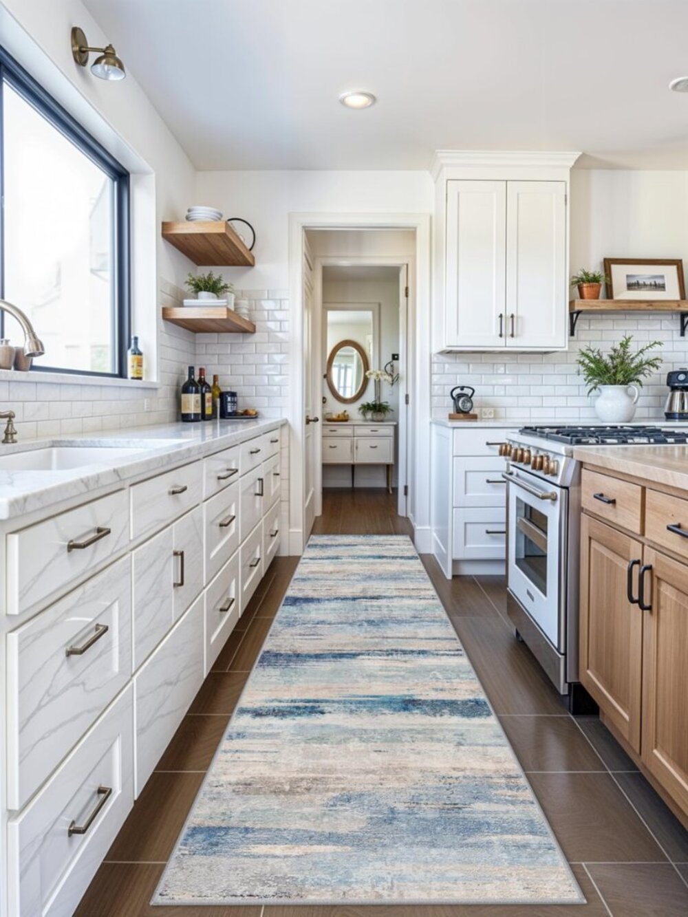 Modern Abstract Coastal Runner Rug - Washable Indoor Low Pile Carpet for Kitchen